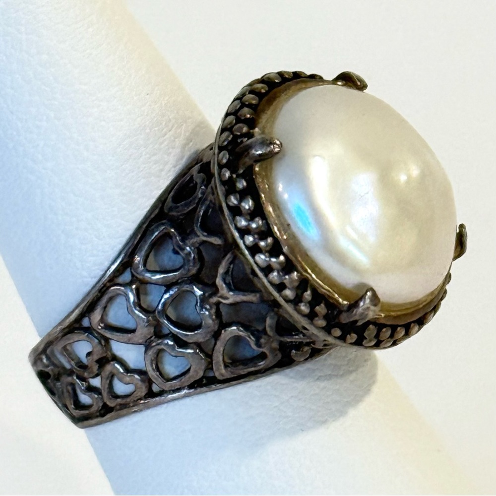 Vintage Sterling Silver 925 & Cultured Pearl Ring Size 5.5 Cocktail Statement